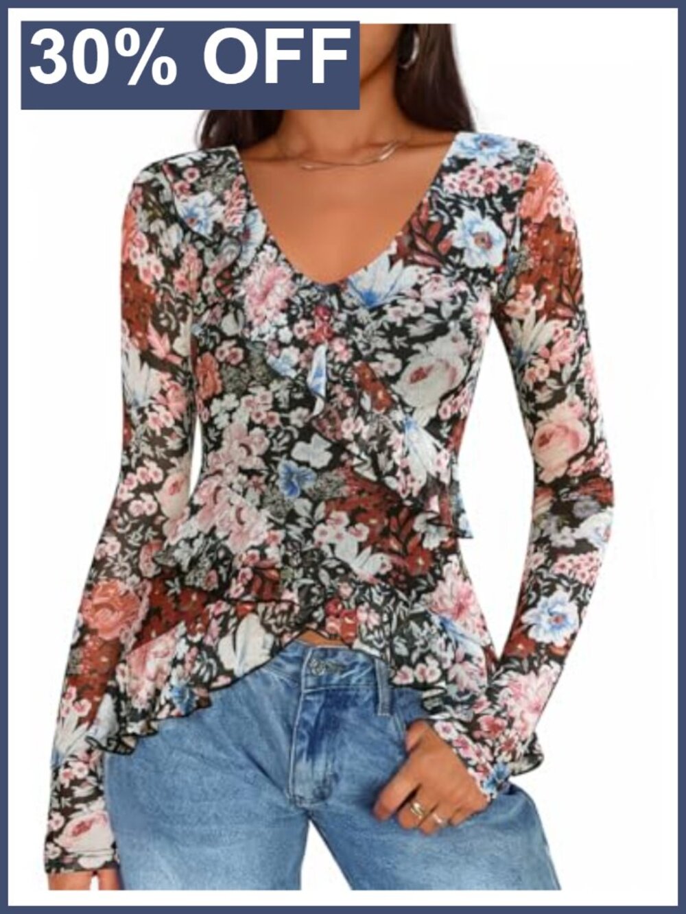 ZESICA Women's Floral Ruffle Mesh Long Sleeve Top Asymmetrical Hem Blouse